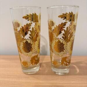 Vintage 1950s Bartlett Collins Pokee 22k Gold Chrysanthemum Highball Set of 2
